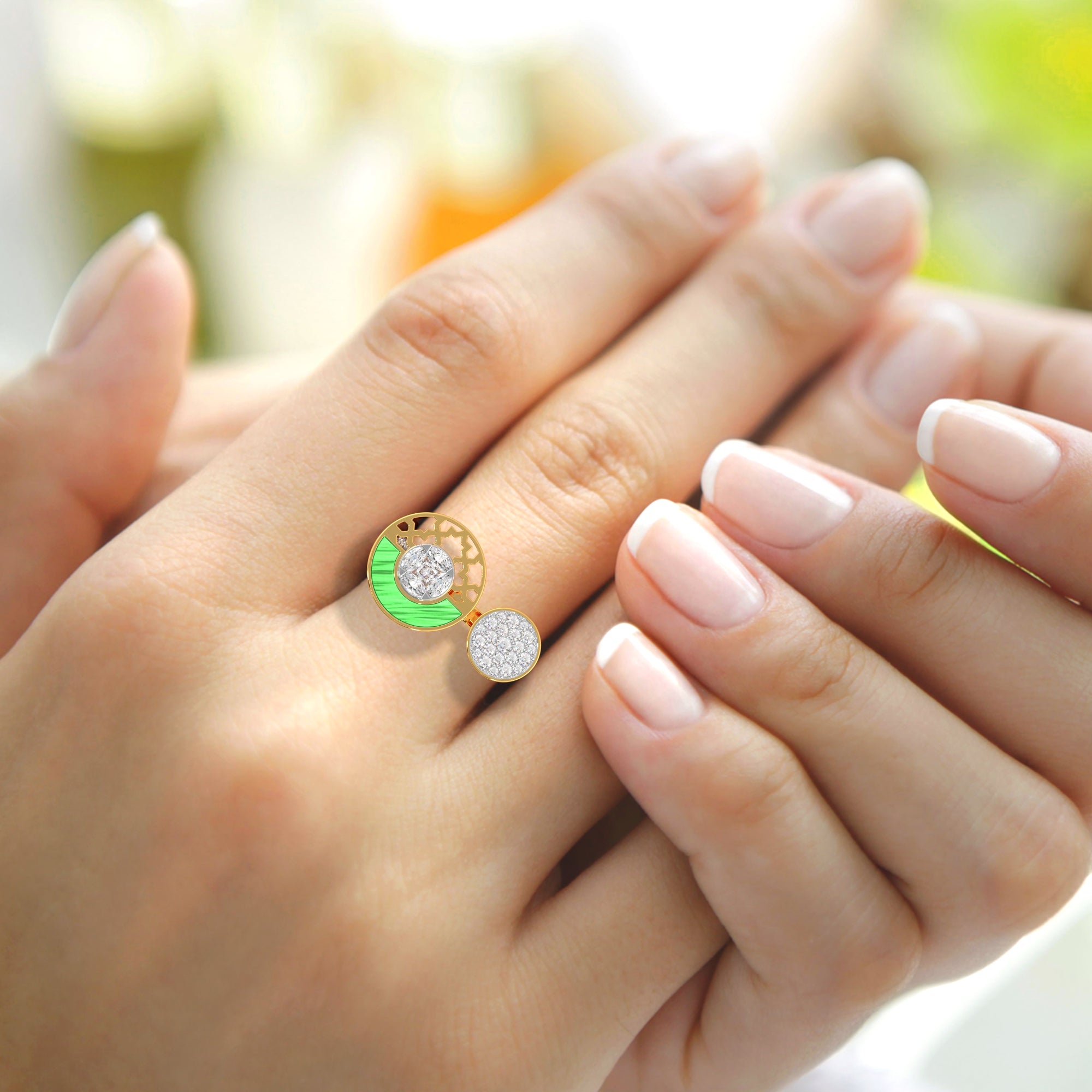 Double Circle Diamond & Malachite Ring